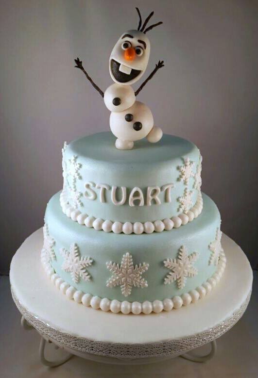 Two tier Olaf cake with snowflake and pearl designs by Sweet Endings. Source