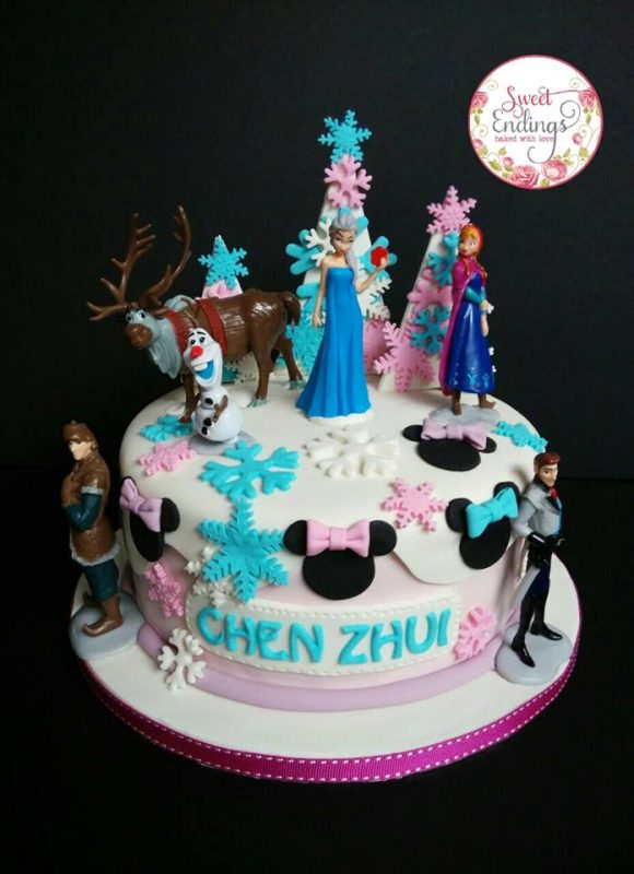 Pastel pink and blue custom-made cake from the movie Frozen. Made by Sweet Endings. Source