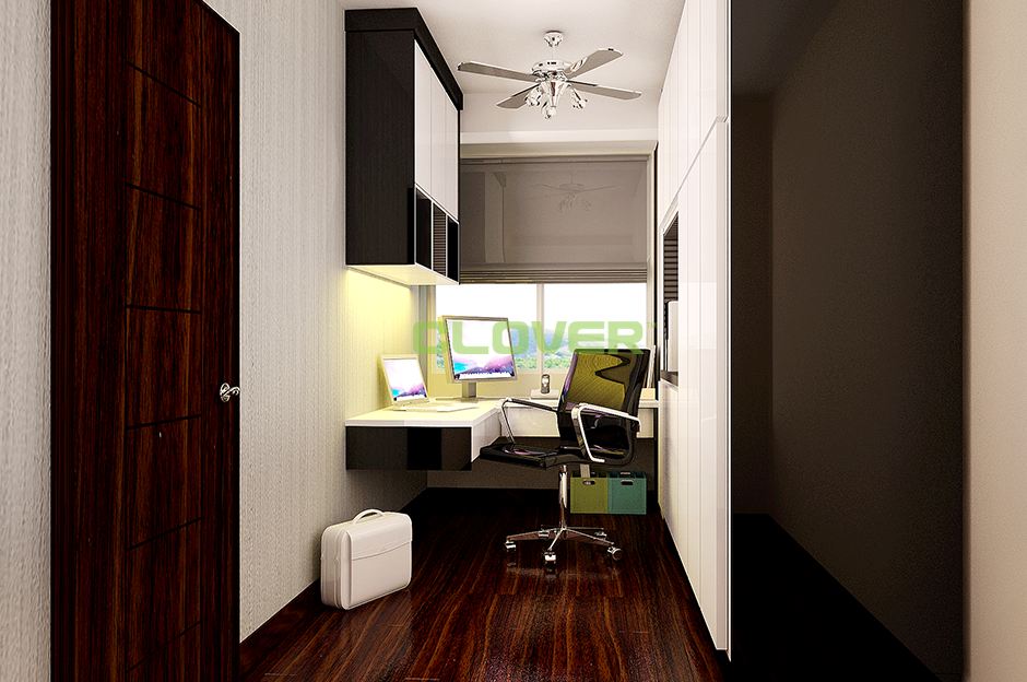 Custom built home office area with lowered desk top and ergonomic chair. Design by Clover Buildcon, Jalan Damansara