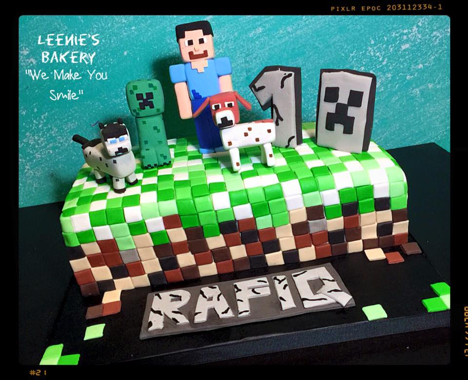 Steve and his pet creeper, with a couple of dogs thrown in the mix - minecraft cake by Leenie's bakery