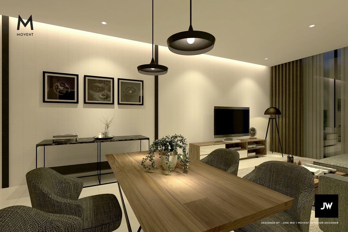 Pendant lights function as task lights to illuminate the dining table in this concept by Movent Design.