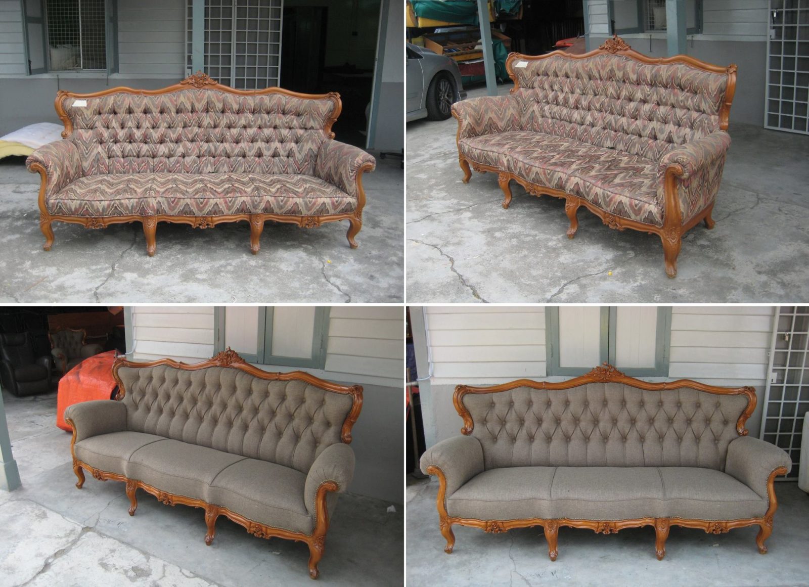 Before and after sofa upholstery by Brother Lim Cushion. Source. 