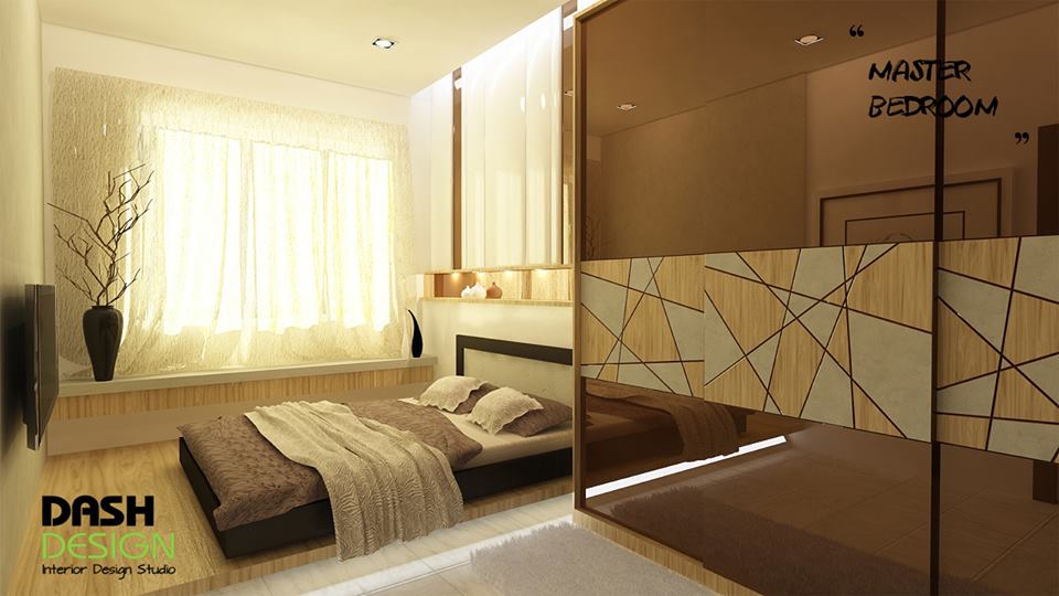Bedroom design incorporating a full length mirror built into the custom-built wardrobe. By Dash Design Sdn Bhd