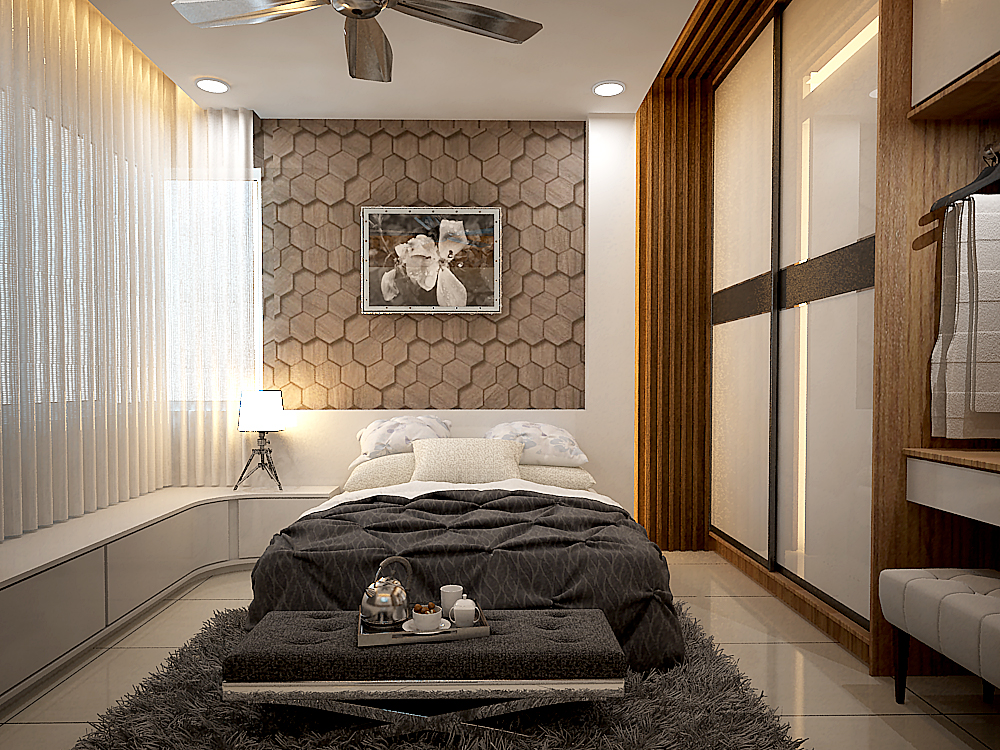 3D Hexagon-tiled feature wall with artwork for this bedroom design. By Seven Design