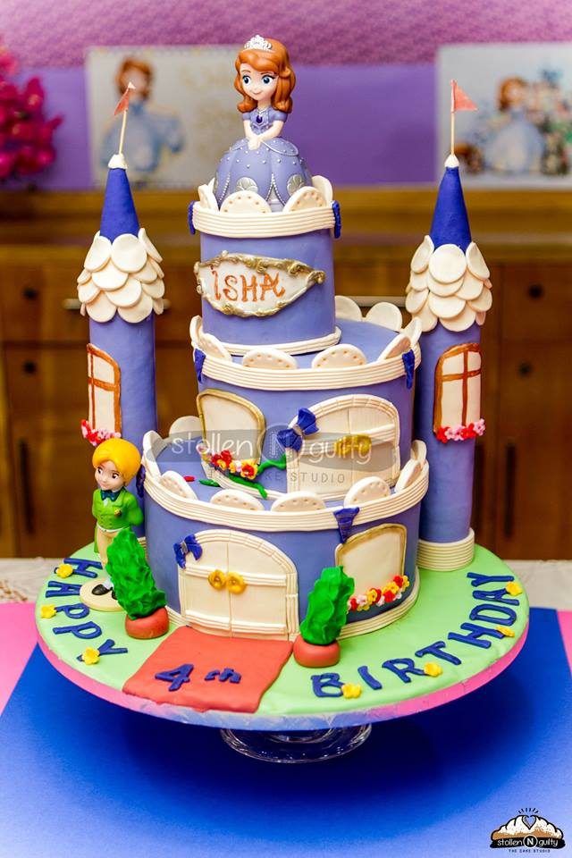 Three tier Sofia the First princess cake for castle towers. Made by: Stollen N Guilty. Order in Singapore at Recommend.sg