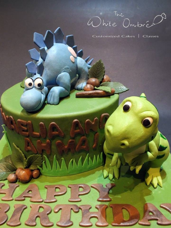 Blue Stegosaurus and Green T-Rex Cake by The White Ombre - Recommend.sg