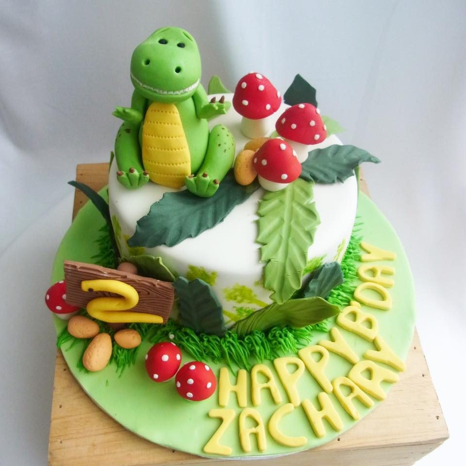 T-Rex in a Mushroom Garden - Dinosaur cake for 2-year old boy by Corine and Cake