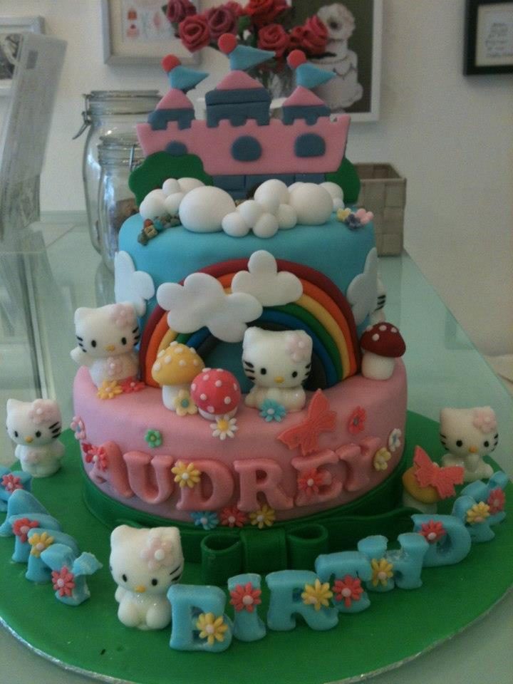 This Hello Kitty kingdom on a two-tiered round cake is just too pretty! Made by: Bonheur Patisserie. Source