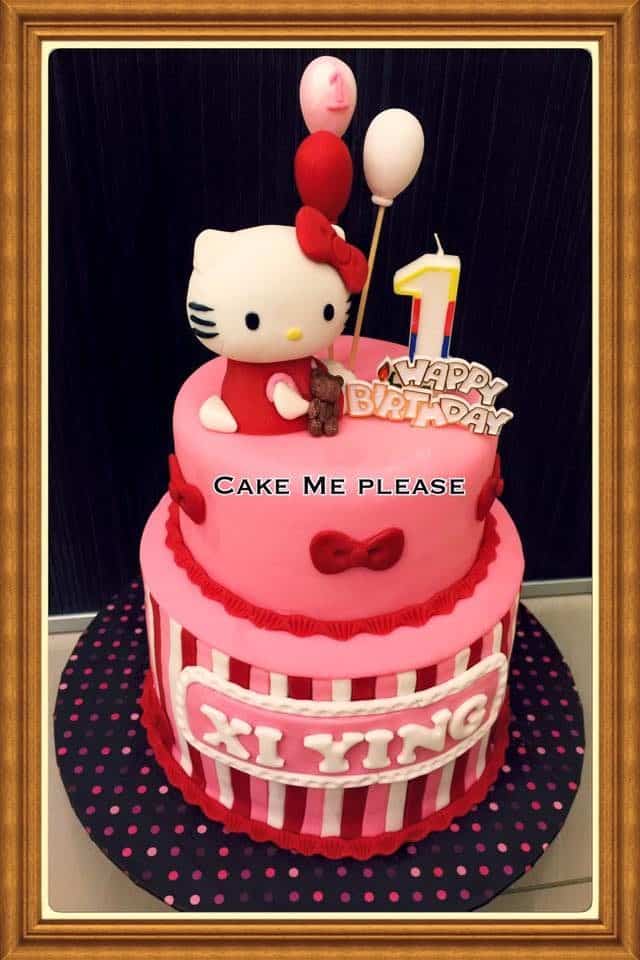 A tall, pink coloured round cake with a Hello Kitty fondant figure makes an excellent centrepiece for your daughter's first birthday. Made by: Cake Me Please.Source