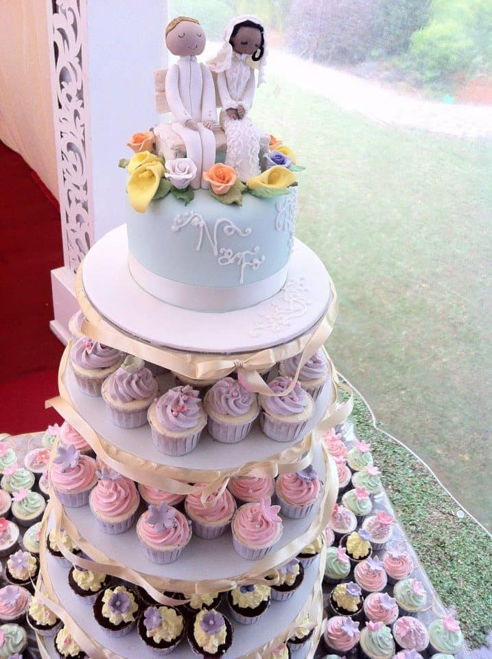 A multi-tiered cake stand that combines cupcakes with buttercream frosting and a fondant cake on the top tier makes this arrangement looks so much fun. Made by: My Fat Lady Cakes and Bakes.Source