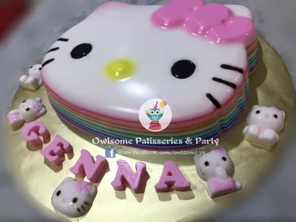 Not all cakes need to be in fondant or buttercream. A Hello Kitty cake made of jelly can be an alternative birthday cake, too. Made by: Owlsome Pâtisserie & Party .Source