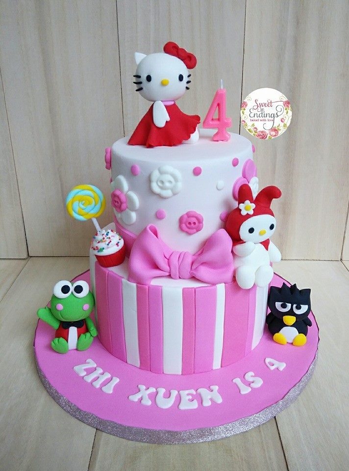 Two tiered cake with vertically-cut fondant covering for lower tier, and a white fondant icing for the upper tier, added with a cute-looking Hello Kitty figure on top, and other Sanrio figures below. We see Keroppi, Badtz-Maru, and My Melody! Made by: Sweet Endings.Source