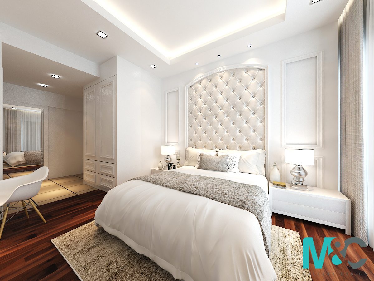 Modern European-inspired bedroom design with quilted feature wall and raised panels in Concerto, Mont Kiara