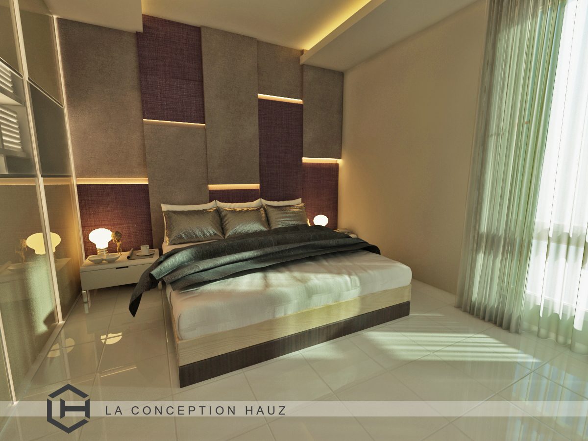 Layered wall panels with integrated lighting for this condominium in 288 Residency, Setapak
