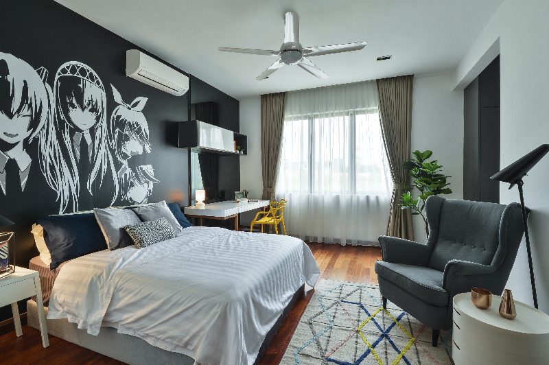 Anime wall art dominates this bedroom in Subang Bestari, Subang
