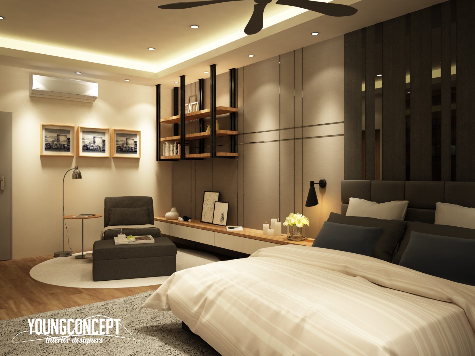 Bedroom with reading area and suspended shelving for this semi-detached house in Taman Segar, Cheras