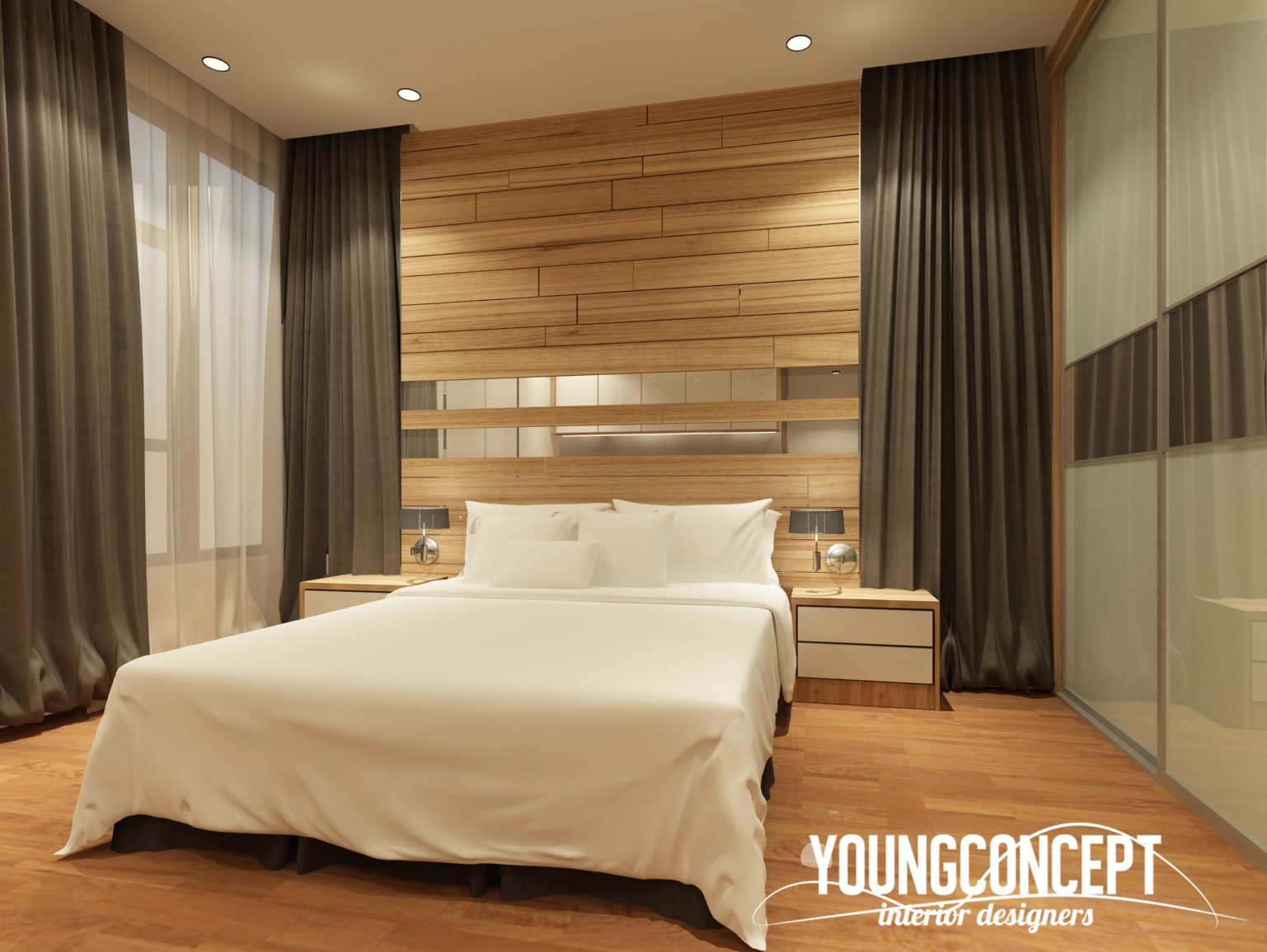 Rustic Scandinavian-inspired bedroom with mixture of mirror and wood horizontal strips