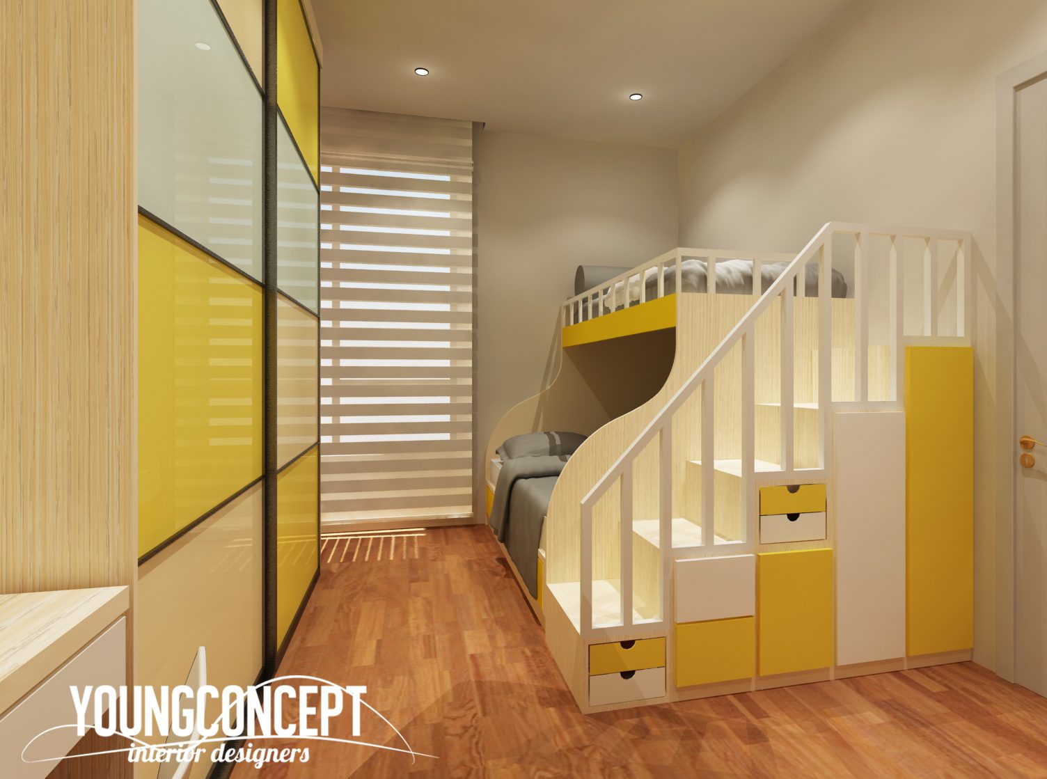 Bright yellow bunk beds with matching wardrobe for this semi detached house in Shah Alam