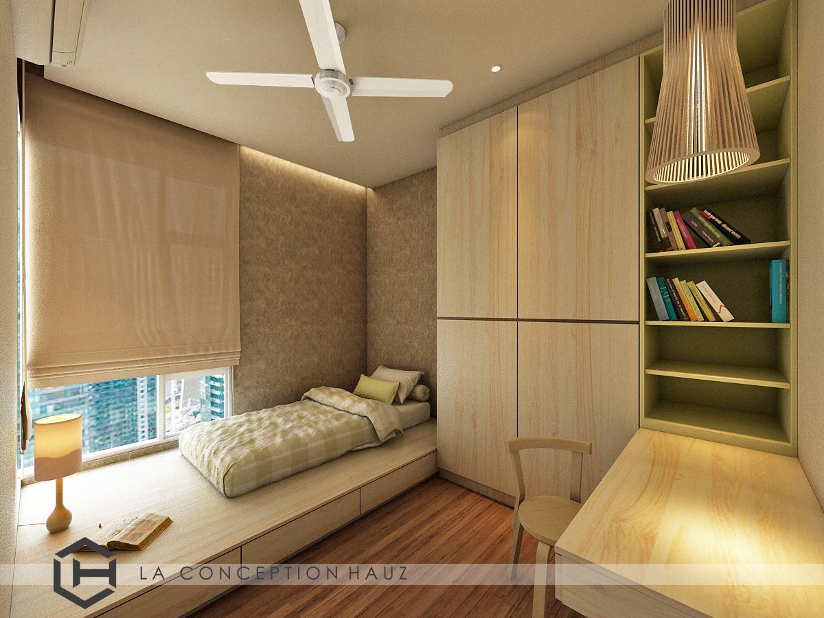 Single bay window platform bed with integrated storage and pelmet false ceiling for this condominium in Damansara Foresta, Bandar Sri Damansara