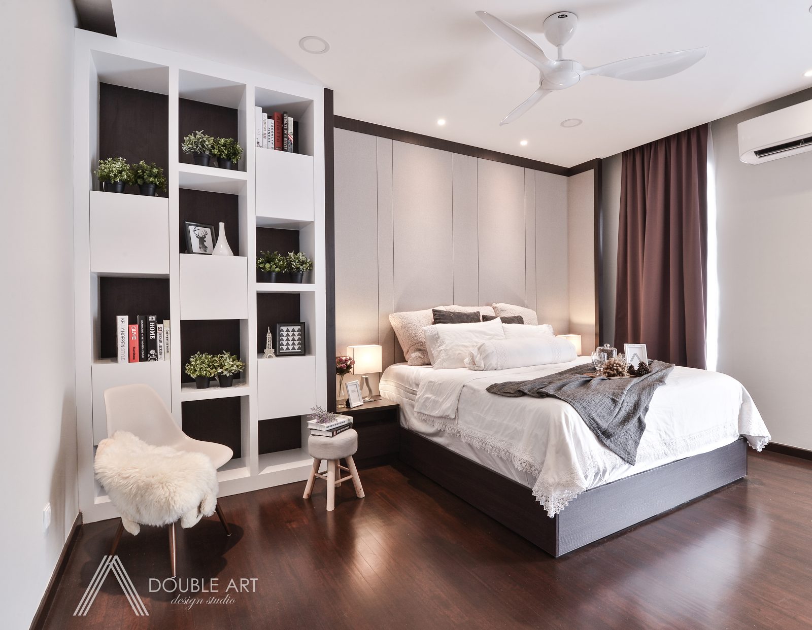 Scandinavian-inspired bedroom with floor to ceiling wardrobe for this condo in Puchong