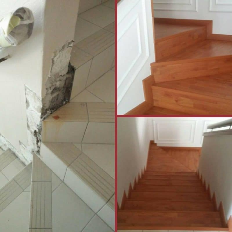 Updating a tiled staircase with laminate flooring. Photo: Tigerwood