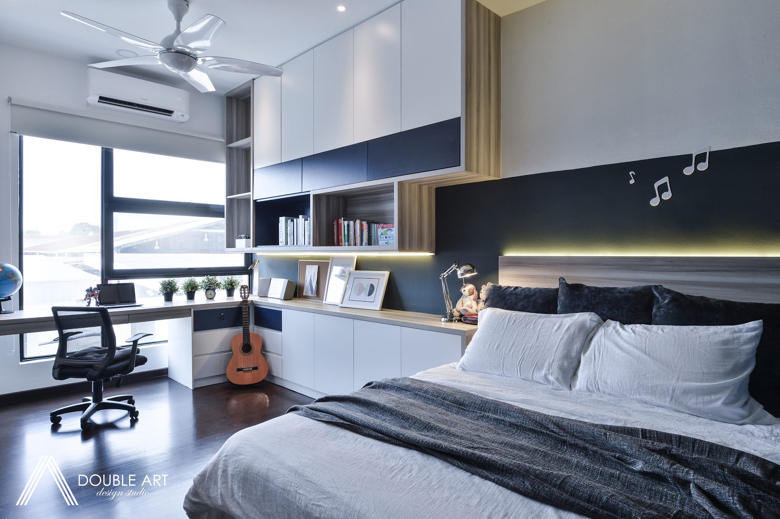 White and blue themed bedroom for young adult in Puchong, Selangor