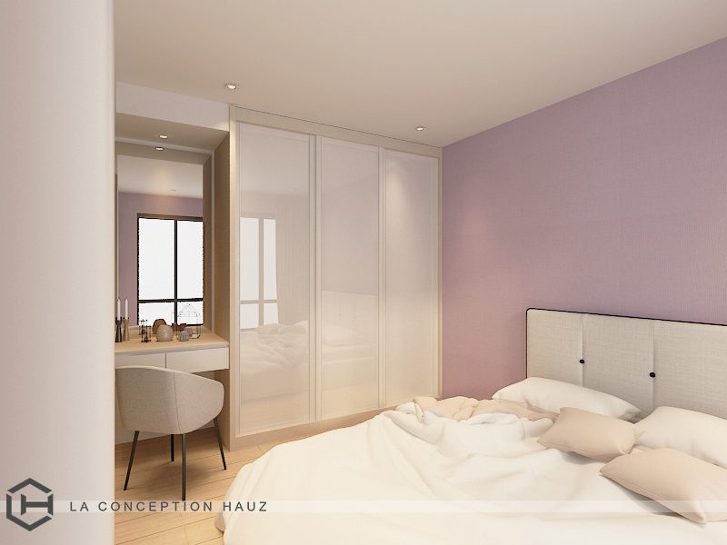 Scandinavian bedroom in lilac with built-in wardrobe and vanity for this condominium in Selayang 18